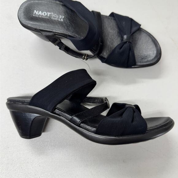 Naot Black Strappy Slid On Mule Sandals Womens 6 Leather Fabric Kitten Heels - Picture 1 of 8